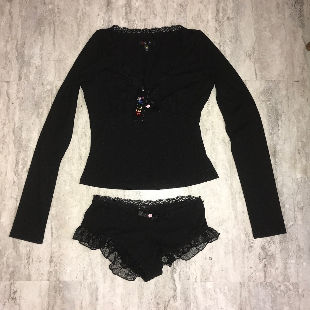 Dolls Kill Delia*s Women's Black 2 piece Pajama Set Frilly Medium NWT